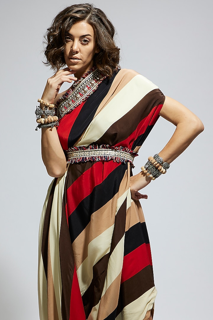 Orange Crepe Stripe Printed One Shoulder Cowl Draped Cocktail Dress With Belt by SVA BY SONAM & PARAS MODI at Pernia's Pop Up Shop