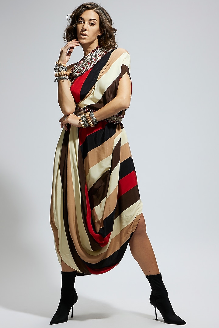 Orange Crepe Stripe Printed One Shoulder Cowl Draped Cocktail Dress With Belt by SVA BY SONAM & PARAS MODI at Pernia's Pop Up Shop