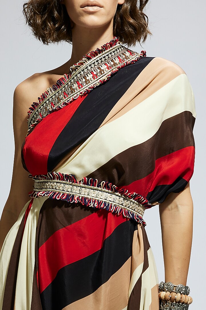 Orange Crepe Stripe Printed One Shoulder Cowl Draped Cocktail Dress With Belt by SVA BY SONAM & PARAS MODI at Pernia's Pop Up Shop