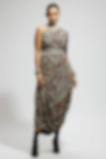 Brown Crepe Printed One Shoulder Cowl Draped Dress With Belt by Sva By Sonam & Paras Modi at Pernia's Pop Up Shop