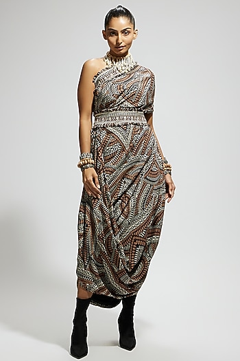 Brown Crepe Printed One Shoulder Cowl Draped Cocktail Dress With Belt by SVA BY SONAM & PARAS MODI at Pernia's Pop Up Shop