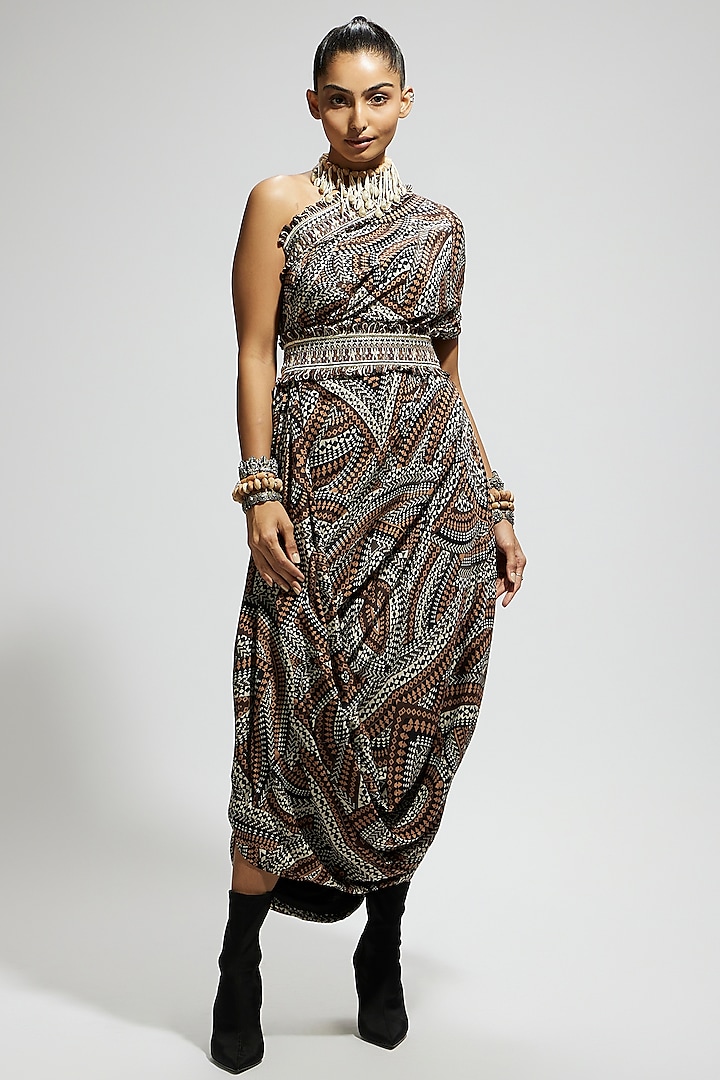 Brown Crepe Printed One Shoulder Cowl Draped Dress With Belt by Sva By Sonam & Paras Modi at Pernia's Pop Up Shop