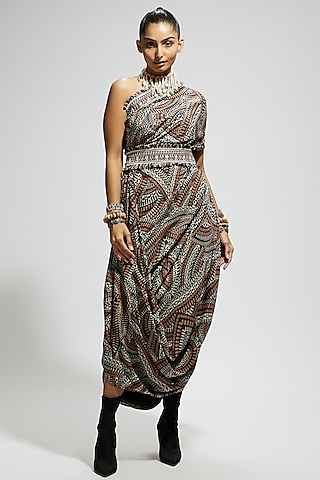 Brown Crepe Printed One Shoulder Cowl Draped Dress With Belt by SVA BY SONAM & PARAS MODI