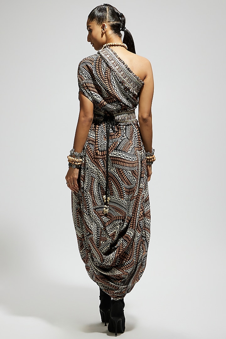 Brown Crepe Printed One Shoulder Cowl Draped Cocktail Dress With Belt by SVA BY SONAM & PARAS MODI at Pernia's Pop Up Shop