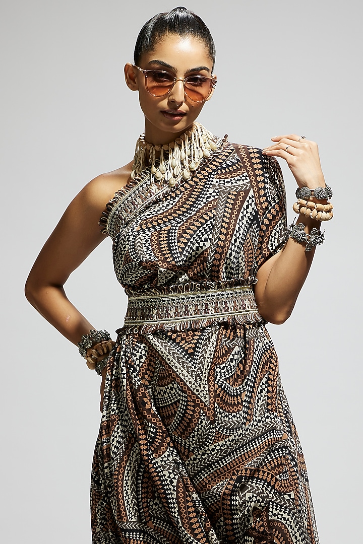 Brown Crepe Printed One Shoulder Cowl Draped Cocktail Dress With Belt by SVA BY SONAM & PARAS MODI at Pernia's Pop Up Shop