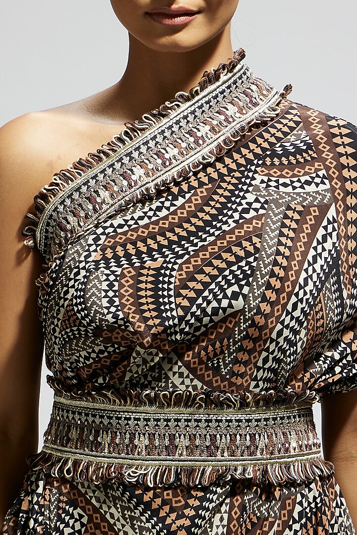 Brown Crepe Printed One Shoulder Cowl Draped Cocktail Dress With Belt by SVA BY SONAM & PARAS MODI at Pernia's Pop Up Shop