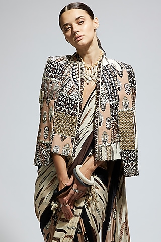 Ivory & Black Silk Patchwork Jacket Set by SVA BY SONAM & PARAS MODI
