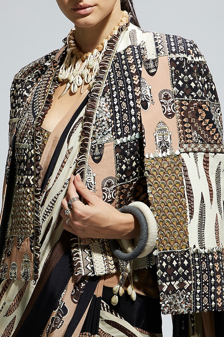 Ivory & Black Silk Patchwork Jacket Set by SVA BY SONAM & PARAS MODI at Pernia's Pop Up Shop
