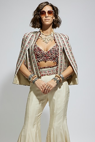 Ivory Silk Embellished Cape Jacket by SVA BY SONAM & PARAS MODI