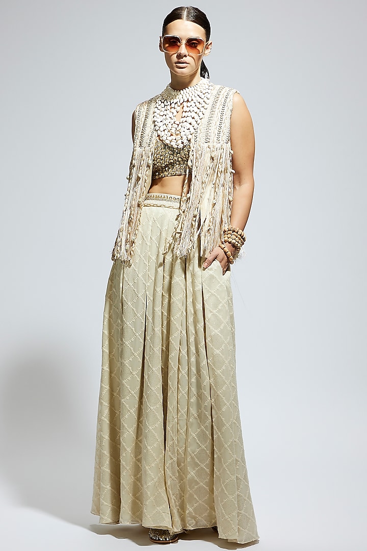 Ivory Silk Thread Work Fringe Jacket by Sva By Sonam & Paras Modi at Pernia's Pop Up Shop