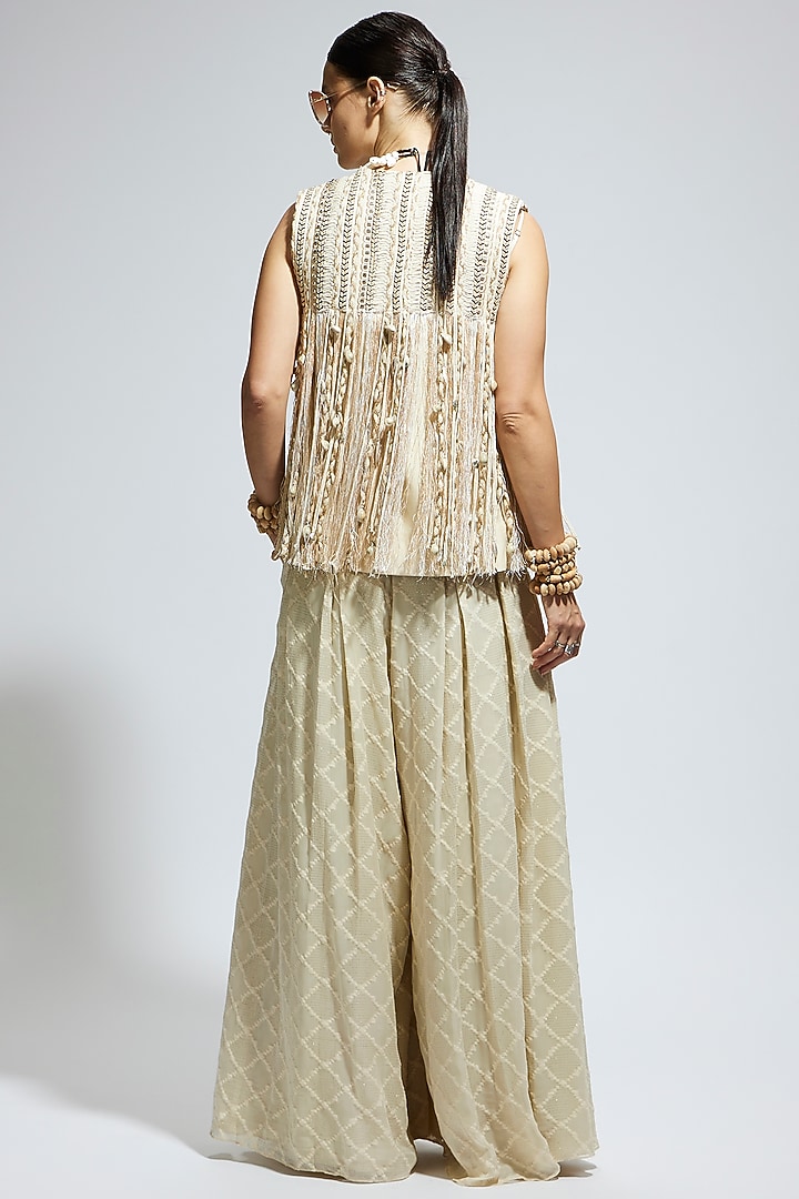 Ivory Silk Thread Work Fringe Jacket by SVA BY SONAM & PARAS MODI at Pernia's Pop Up Shop