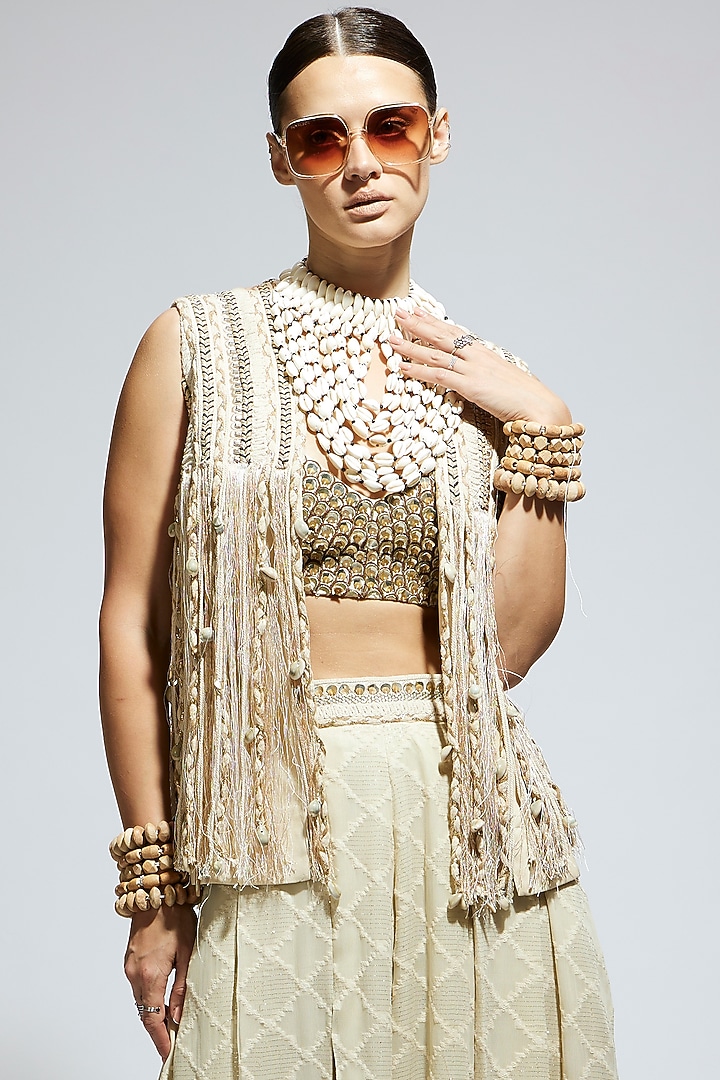 Ivory Silk Thread Work Fringe Jacket by SVA BY SONAM & PARAS MODI at Pernia's Pop Up Shop