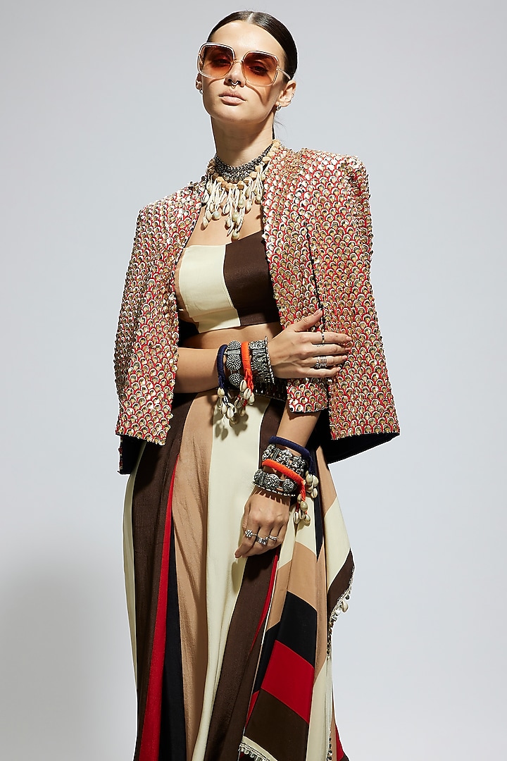 Orange Silk Terracotta Metallic Cape Jacket by Sva By Sonam & Paras Modi at Pernia's Pop Up Shop