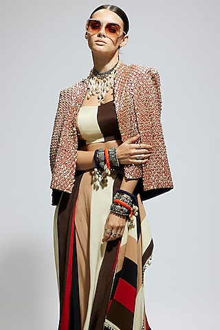 Orange Silk Terracotta Metallic Cape Jacket by SVA BY SONAM & PARAS MODI