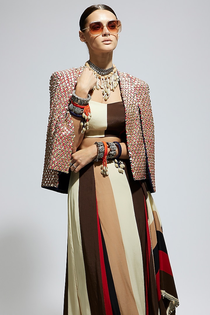 Orange Silk Terracotta Metallic Cape Jacket by SVA BY SONAM & PARAS MODI at Pernia's Pop Up Shop