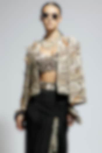 Ivory Silk Abstract Feather Cape Jacket by Sva By Sonam & Paras Modi at Pernia's Pop Up Shop