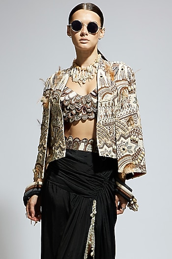 Ivory Silk Abstract Feather Cape Jacket by SVA BY SONAM & PARAS MODI at Pernia's Pop Up Shop