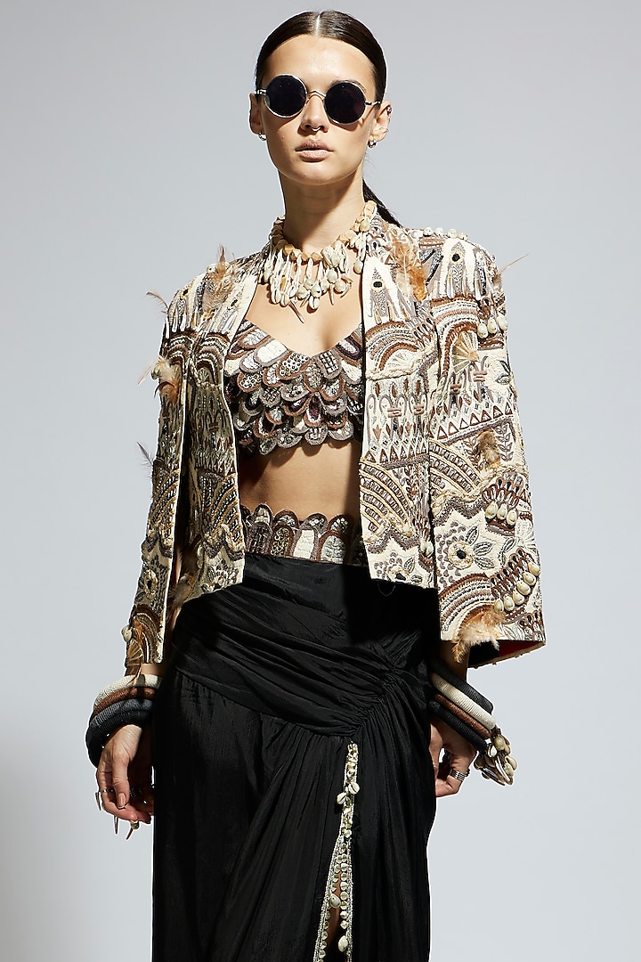 Ivory Silk Abstract Feather Cape Jacket by Sva By Sonam & Paras Modi at Pernia's Pop Up Shop