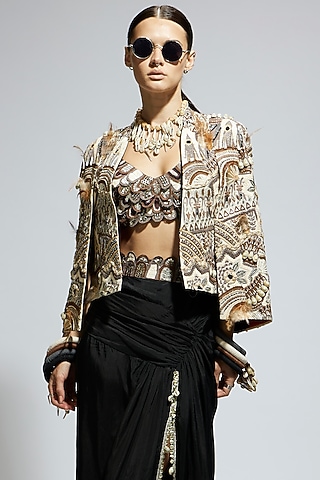 Ivory Silk Abstract Feather Cape Jacket by SVA BY SONAM & PARAS MODI