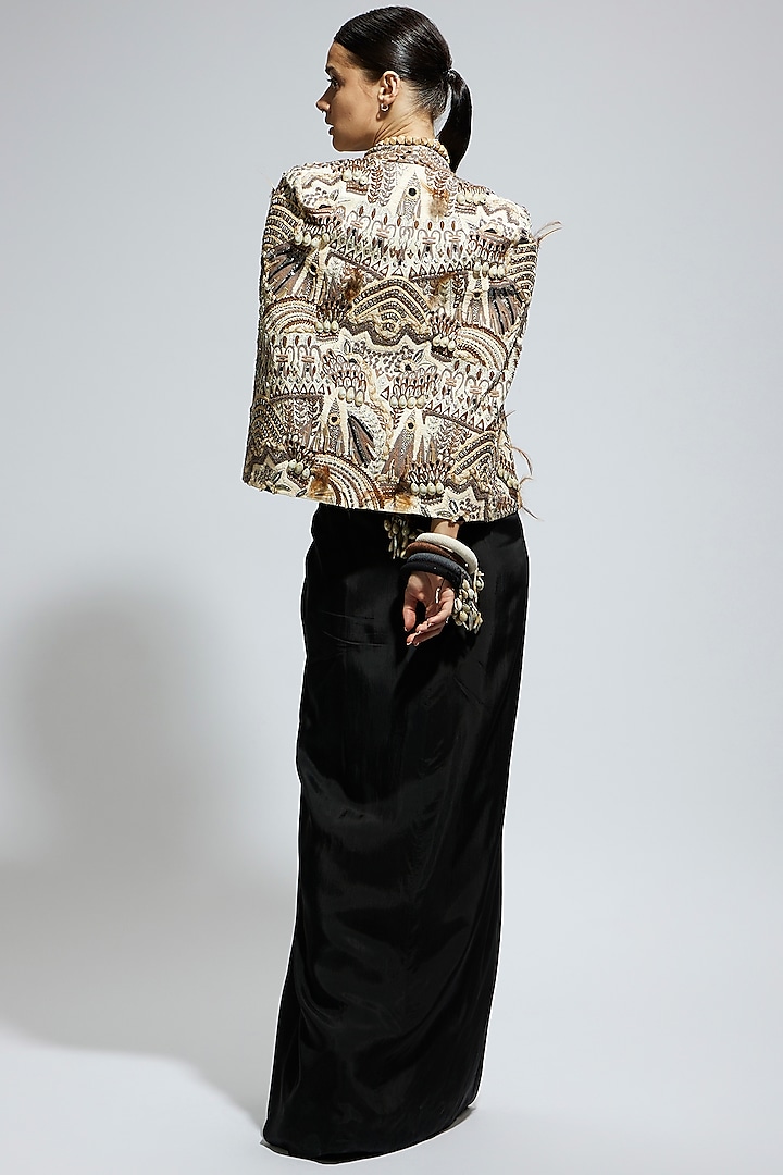 Ivory Silk Abstract Feather Cape Jacket by SVA BY SONAM & PARAS MODI at Pernia's Pop Up Shop
