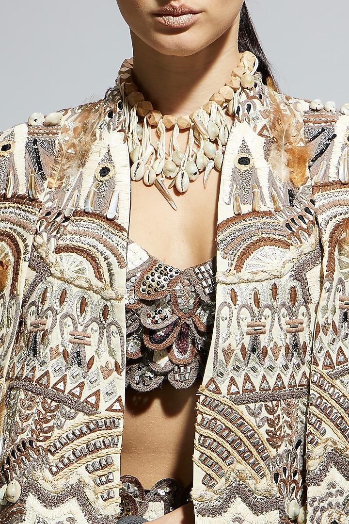 Ivory Silk Abstract Feather Cape Jacket by SVA BY SONAM & PARAS MODI at Pernia's Pop Up Shop
