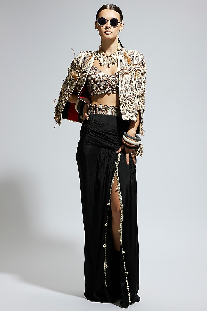 Ivory Silk Abstract Feather Cape Jacket by SVA BY SONAM & PARAS MODI at Pernia's Pop Up Shop