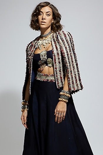 Blue Silk Textured Embellished Jacket by SVA BY SONAM & PARAS MODI at Pernia's Pop Up Shop