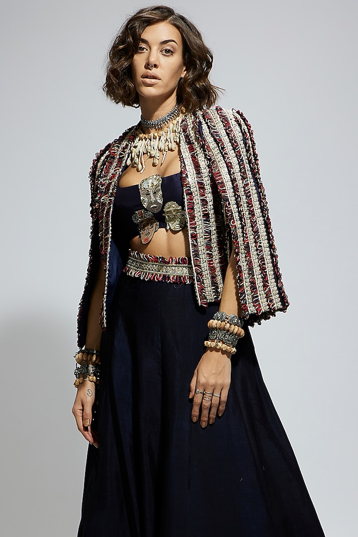 Blue Silk Textured Embellished Jacket by SVA BY SONAM & PARAS MODI at Pernia's Pop Up Shop
