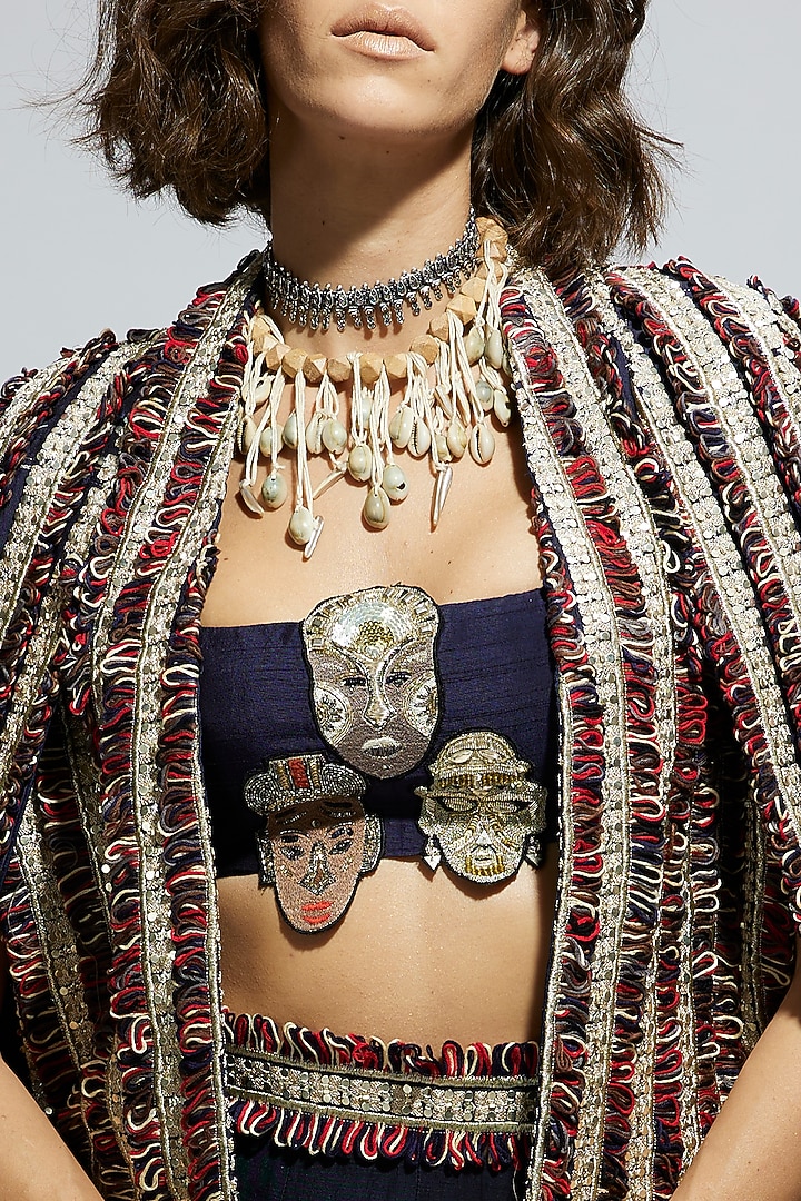 Blue Silk Textured Embellished Jacket by SVA BY SONAM & PARAS MODI at Pernia's Pop Up Shop