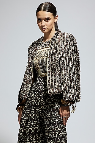 Brown Silk Textured Jacket by SVA BY SONAM & PARAS MODI