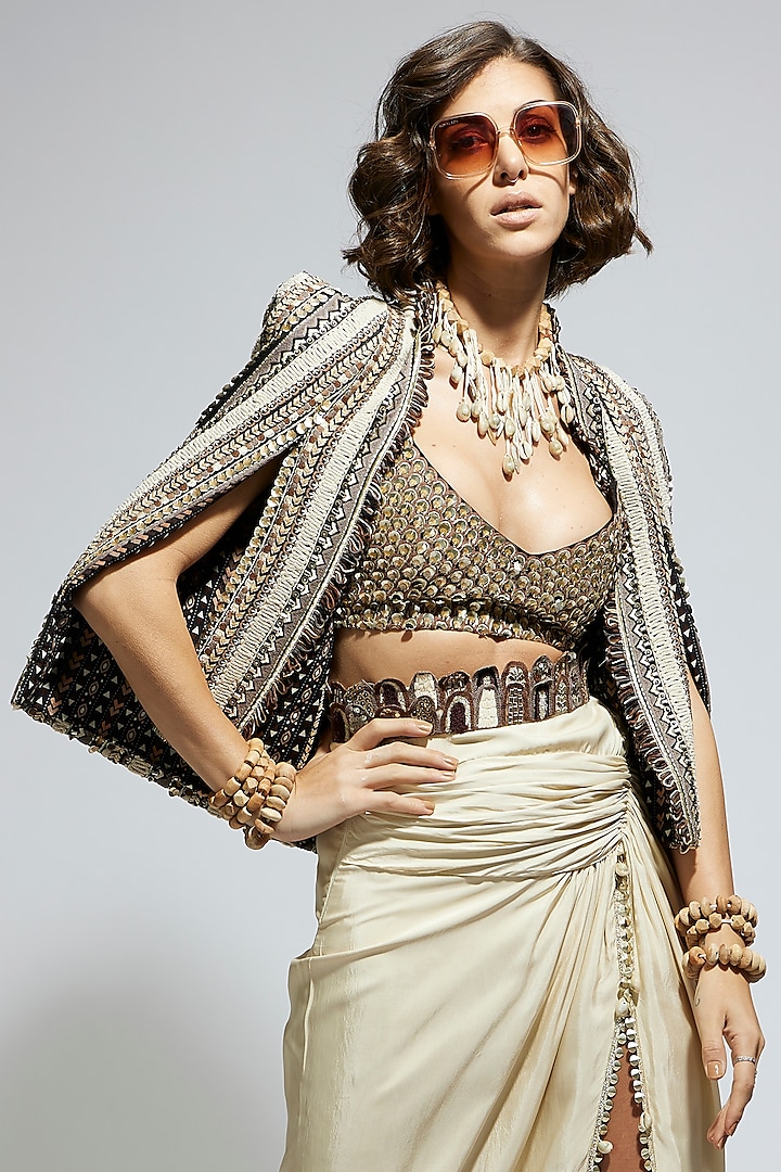 Ivory & Black Silk Embellished Textured Cape Jacket by Sva By Sonam & Paras Modi at Pernia's Pop Up Shop