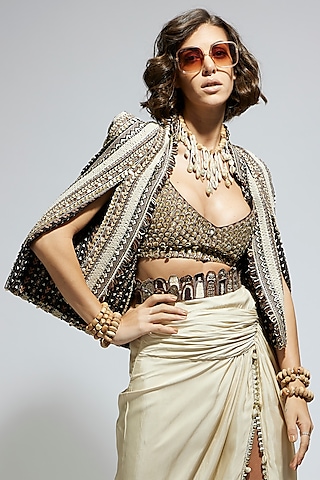 Ivory & Black Silk Embellished Textured Cape Jacket by SVA BY SONAM & PARAS MODI