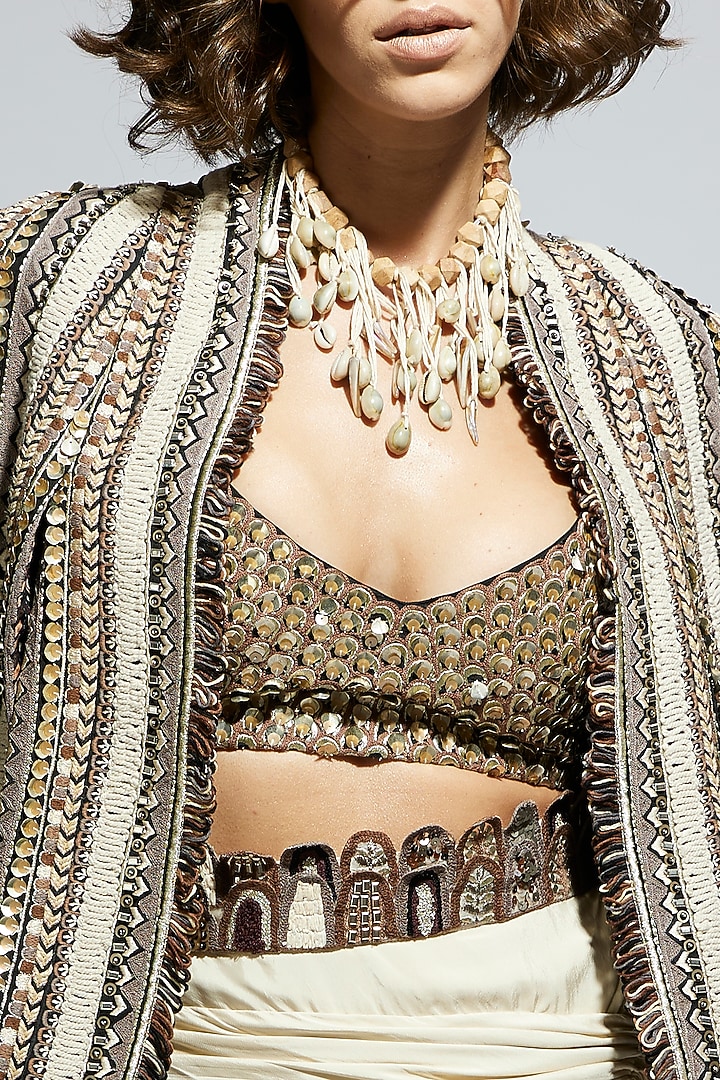 Ivory & Black Silk Embellished Textured Cape Jacket by SVA BY SONAM & PARAS MODI at Pernia's Pop Up Shop