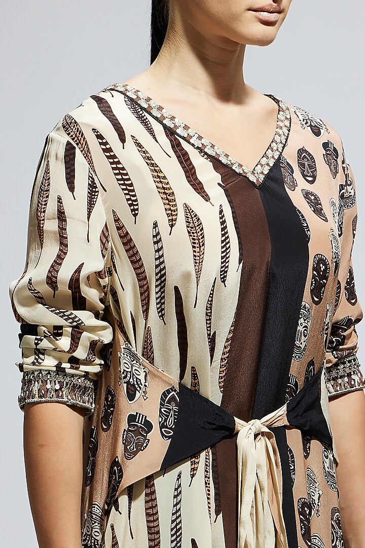 Ivory Crepe Feather Printed Tunic Set by SVA BY SONAM & PARAS MODI at Pernia's Pop Up Shop