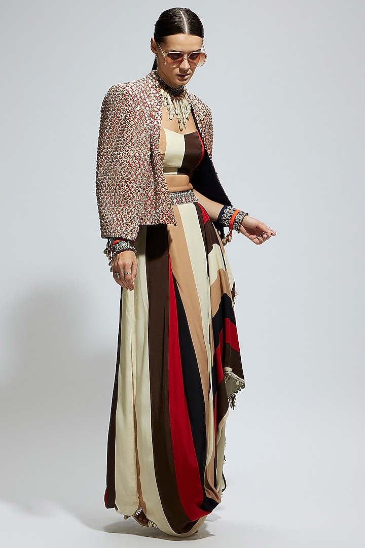 Multi-Colored Crepe Striped Draped Skirt Set by SVA BY SONAM & PARAS MODI at Pernia's Pop Up Shop