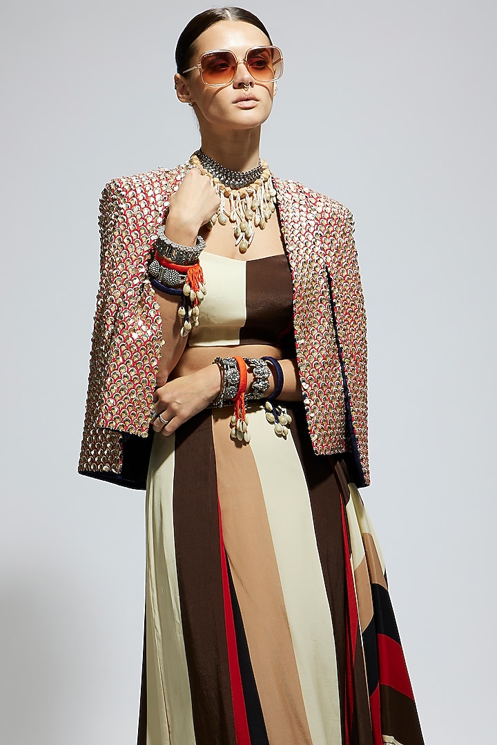 Multi-Colored Crepe Striped Draped Skirt Set by SVA BY SONAM & PARAS MODI at Pernia's Pop Up Shop