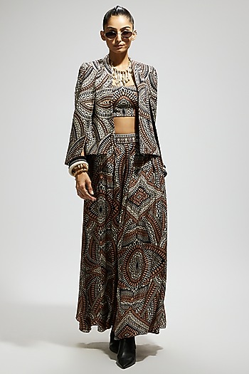 Brown Crepe Printed Jacket Set by SVA BY SONAM & PARAS MODI at Pernia's Pop Up Shop