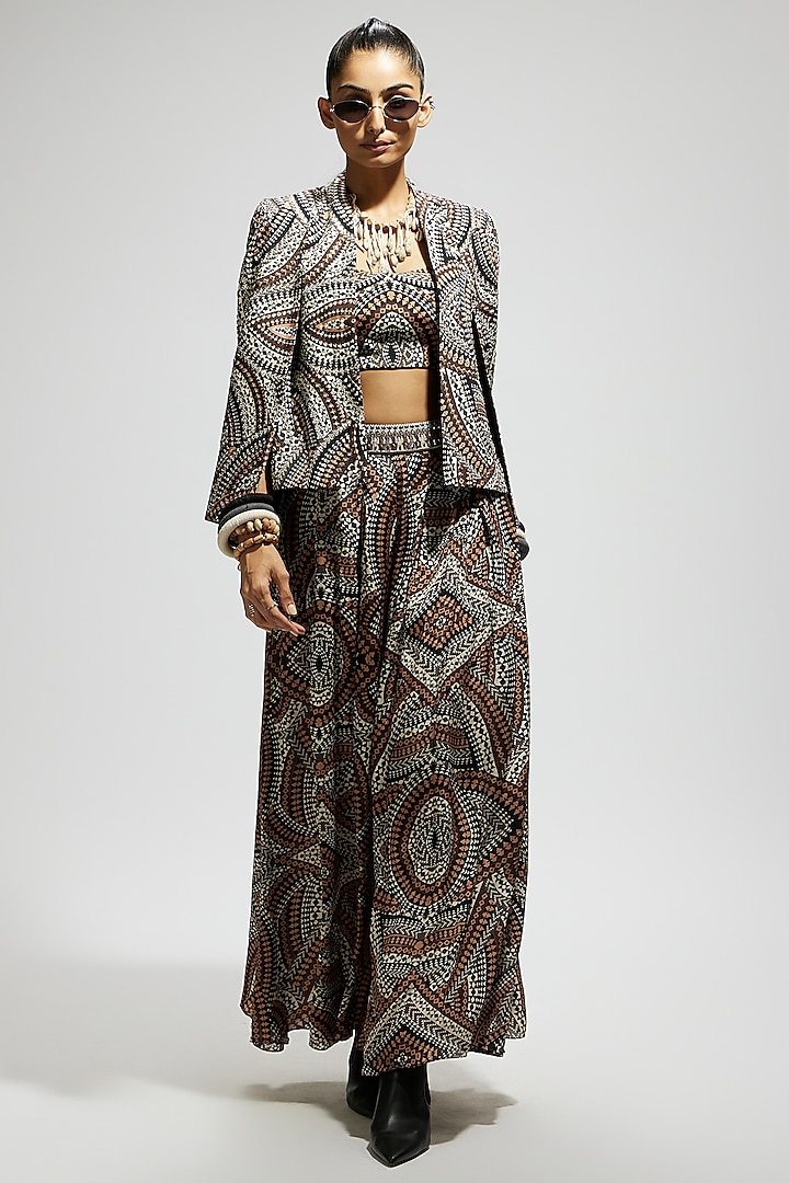 Brown Crepe Printed Jacket Set by Sva By Sonam & Paras Modi at Pernia's Pop Up Shop