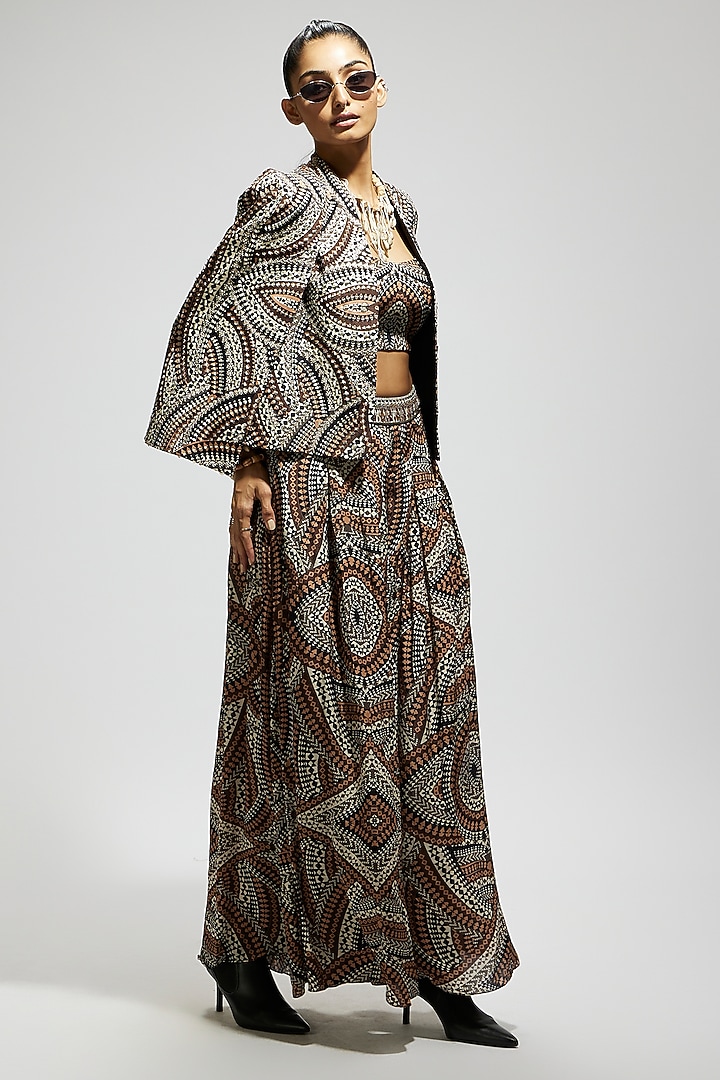 Brown Crepe Printed Jacket Set by SVA BY SONAM & PARAS MODI at Pernia's Pop Up Shop