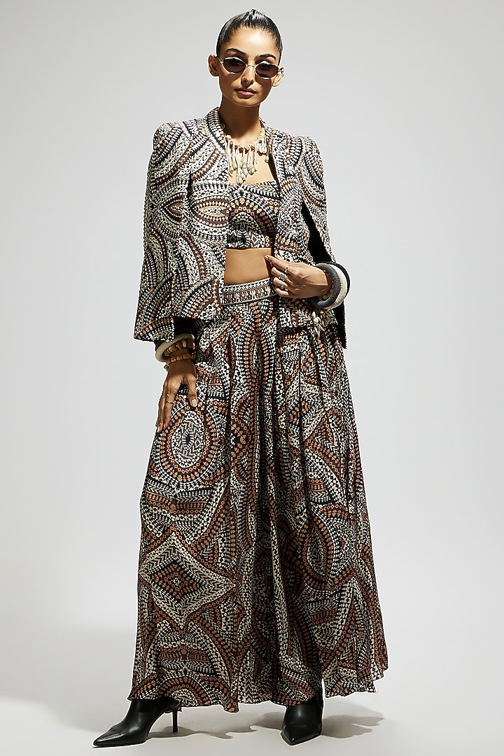 Brown Crepe Printed Jacket Set by SVA BY SONAM & PARAS MODI at Pernia's Pop Up Shop