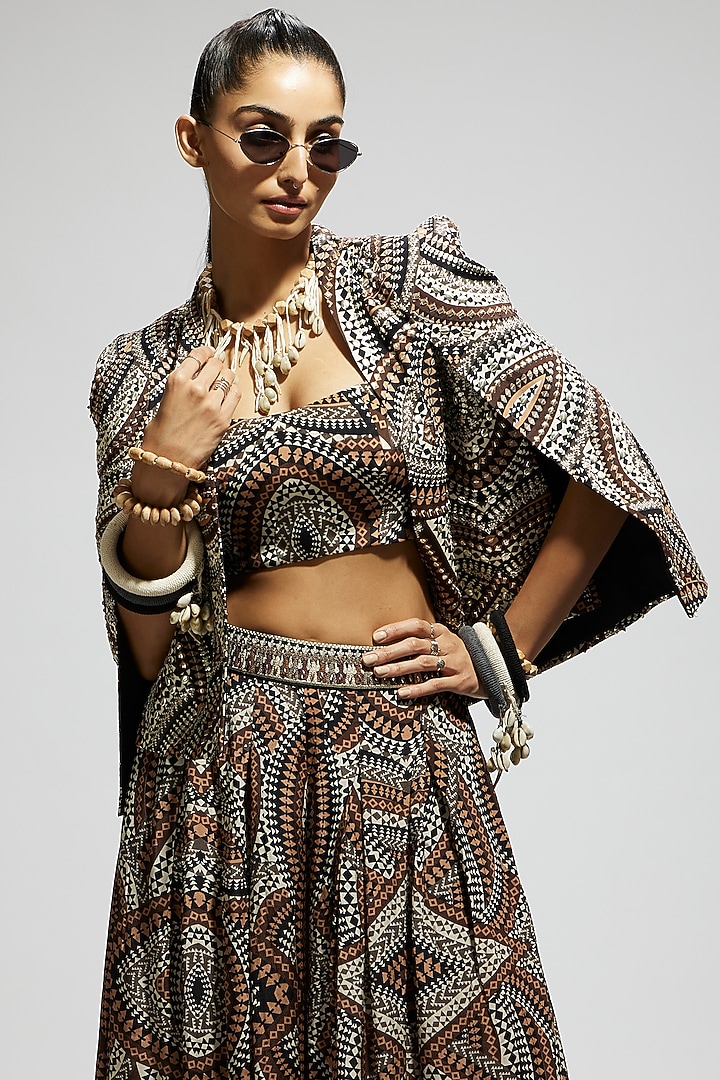 Brown Crepe Printed Jacket Set by SVA BY SONAM & PARAS MODI at Pernia's Pop Up Shop