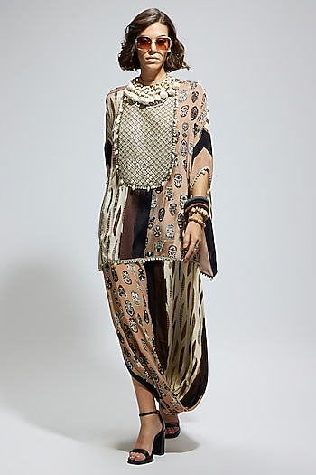 Brown & White Crepe Metallic Embroidered Kaftan Set by SVA BY SONAM & PARAS MODI at Pernia's Pop Up Shop