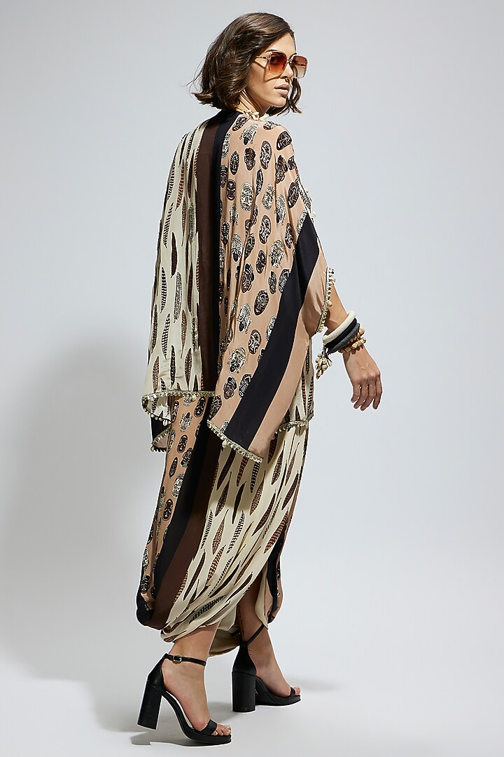 Brown & White Crepe Metallic Embroidered Kaftan Set by SVA BY SONAM & PARAS MODI at Pernia's Pop Up Shop