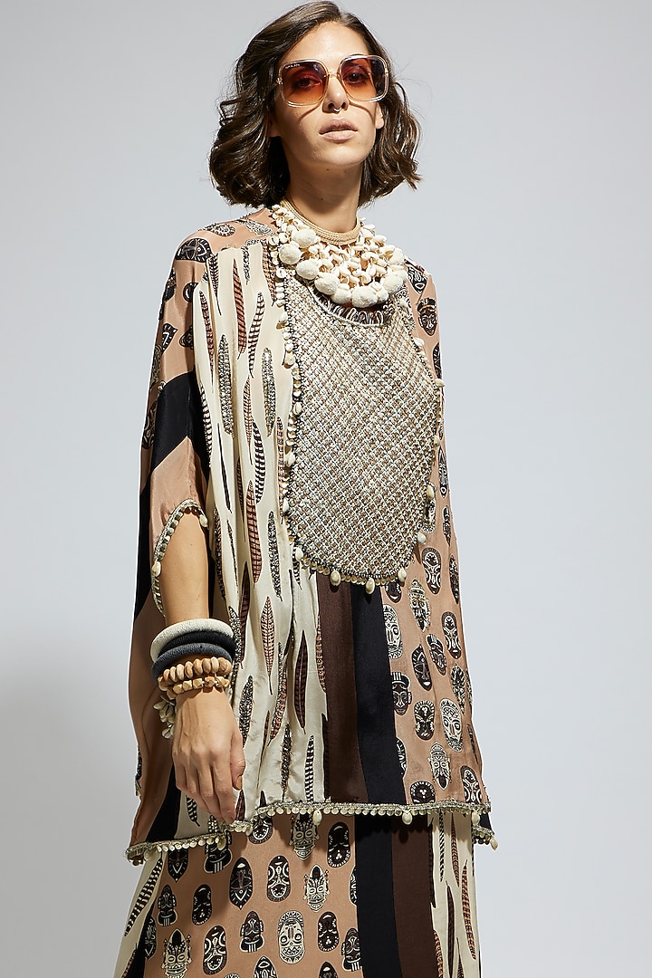 Brown & White Crepe Metallic Embroidered Kaftan Set by SVA BY SONAM & PARAS MODI at Pernia's Pop Up Shop