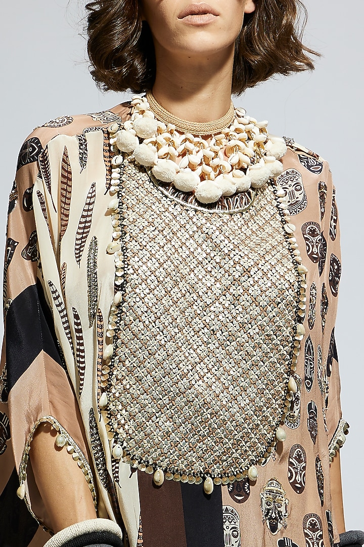 Brown & White Crepe Metallic Embroidered Kaftan Set by SVA BY SONAM & PARAS MODI at Pernia's Pop Up Shop