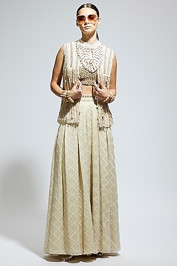 Ivory Silk Thread Work Jacket Set by SVA BY SONAM & PARAS MODI at Pernia's Pop Up Shop