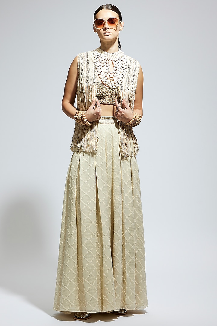 Ivory Silk Thread Work Jacket Set by Sva By Sonam & Paras Modi at Pernia's Pop Up Shop