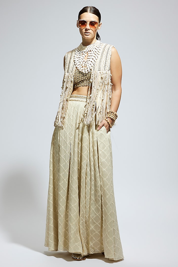 Ivory Silk Thread Work Jacket Set by SVA BY SONAM & PARAS MODI at Pernia's Pop Up Shop