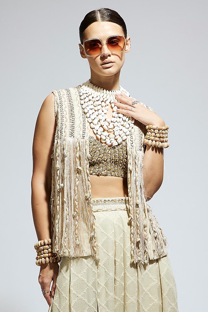 Ivory Silk Thread Work Jacket Set by SVA BY SONAM & PARAS MODI at Pernia's Pop Up Shop