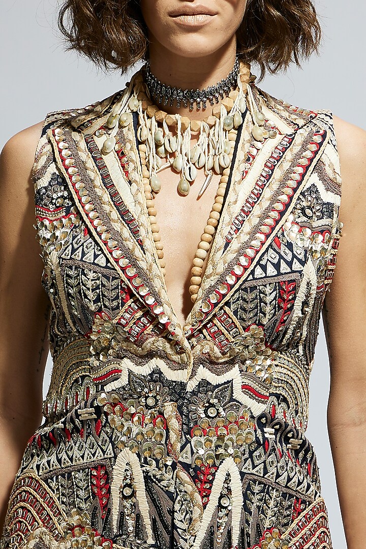 Orange Crepe Embellished Jacket Set by SVA BY SONAM & PARAS MODI at Pernia's Pop Up Shop